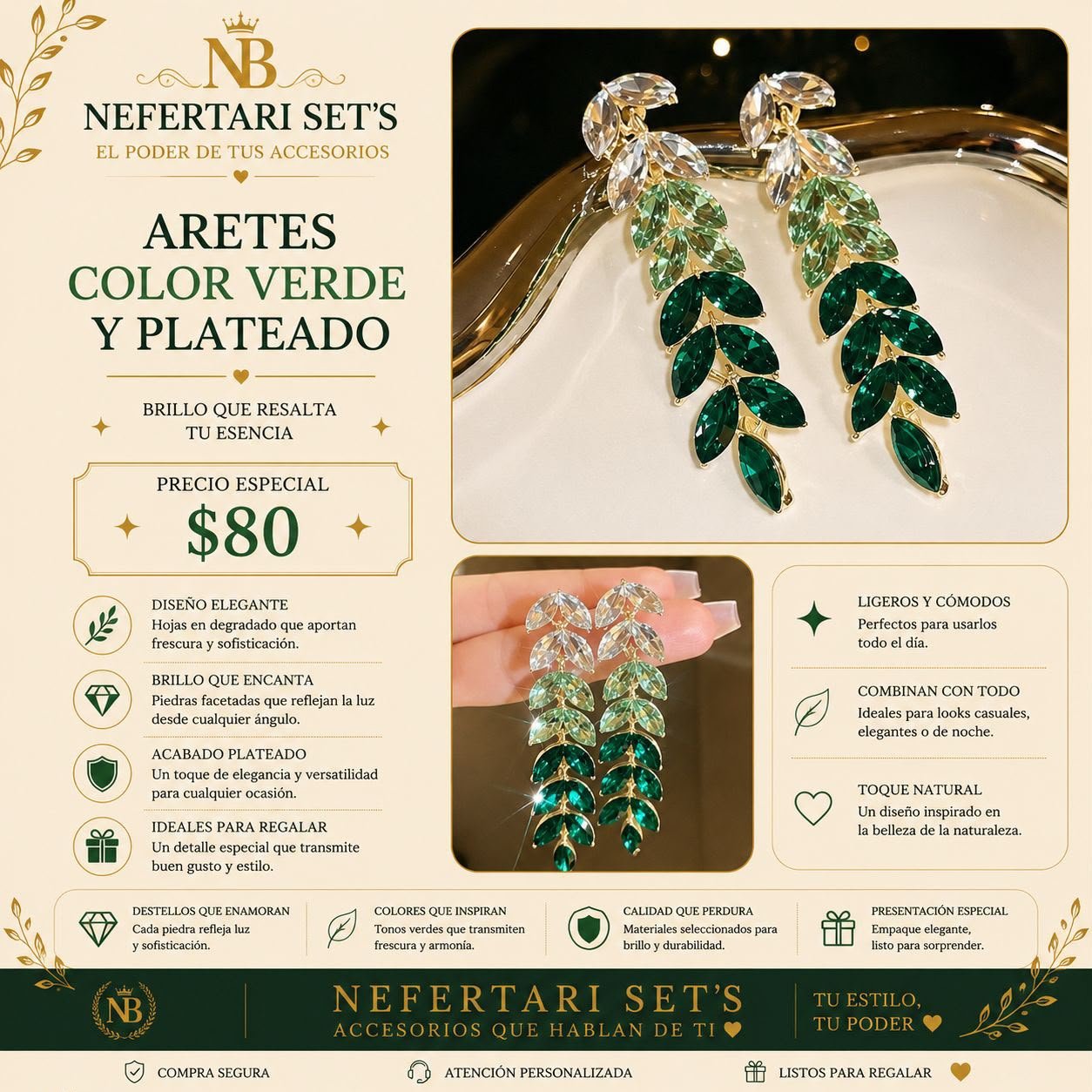 Aretes color Verde y Plateado