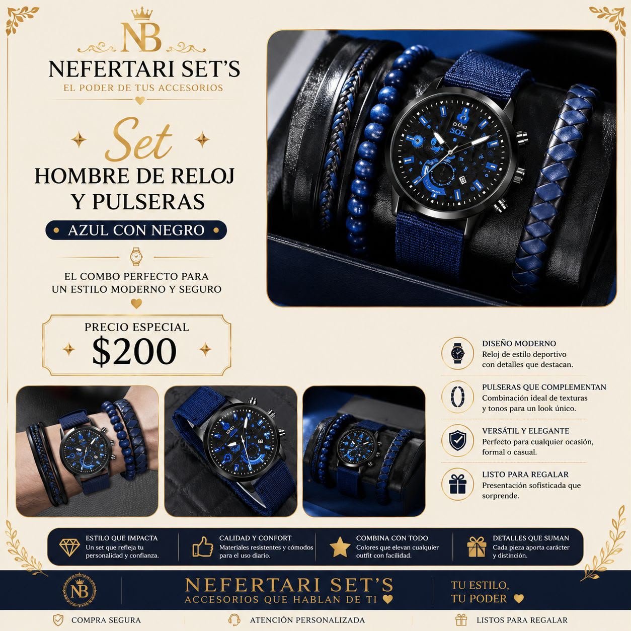 Set de Reloj y Pulseras color Azul con Negro para Hombre