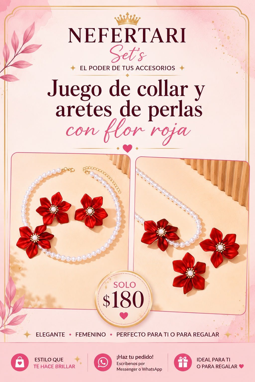 Set de Collar y Aretes de Perlas con Flor Roja
