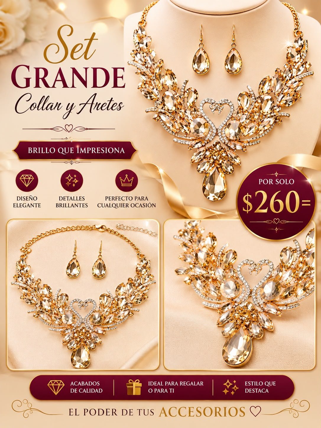 Set grande de Collar y Aretes color Dorado