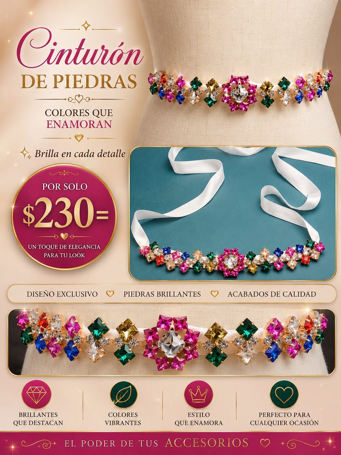 Cinturón con varias piedras de diferentes colores
