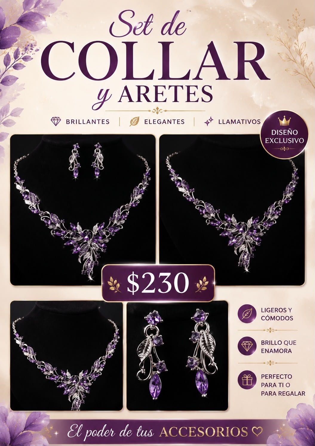 Set de Collar y Aretes color Plateado y Lila