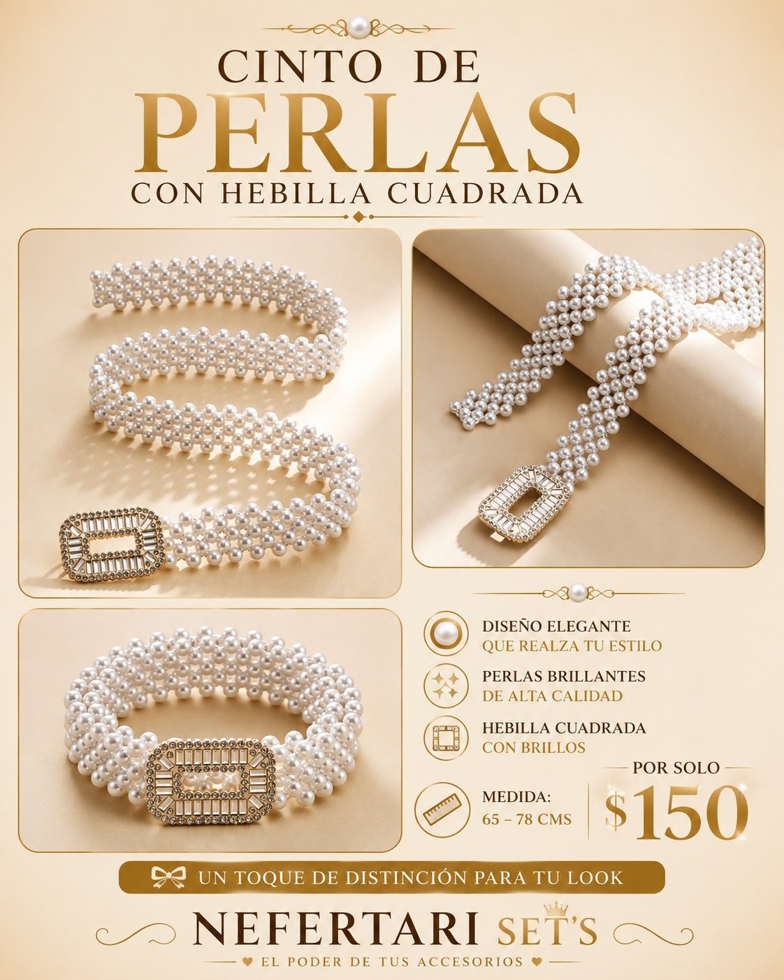 Cinturón de Perlas y Hebilla cuadrada