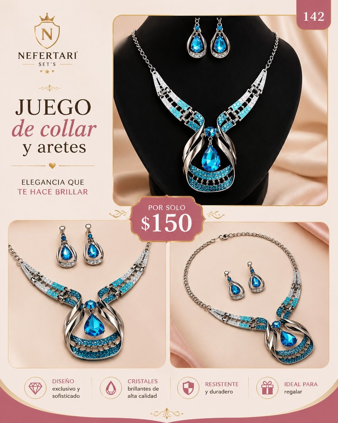 Set de Collar y Aretes color Plateado y Azul Celeste