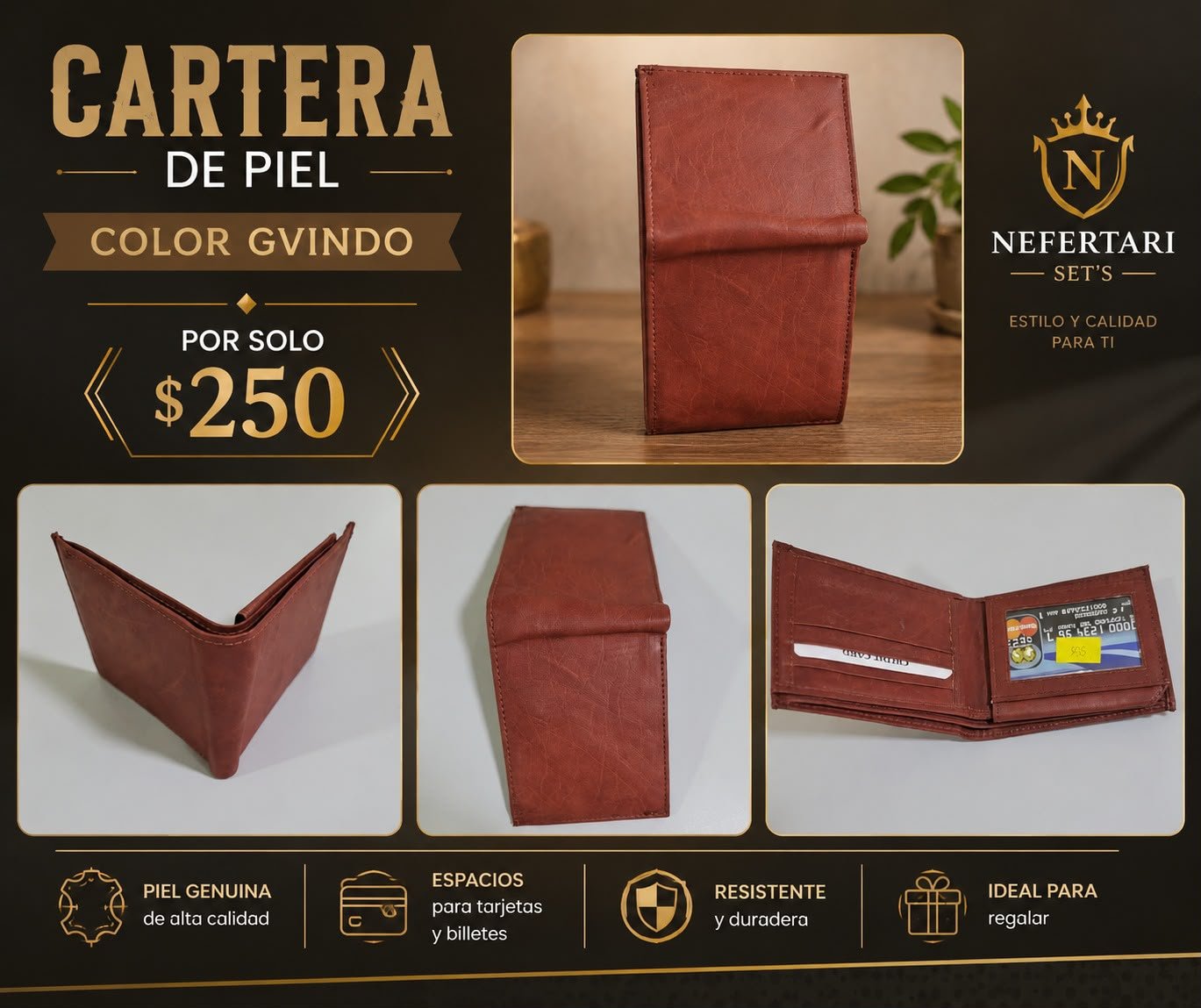 Cartera de Piel color Guindo