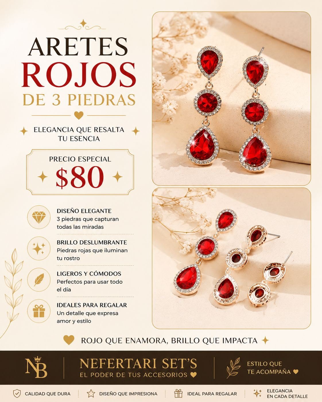 Aretes Rojos de 3 Piedras